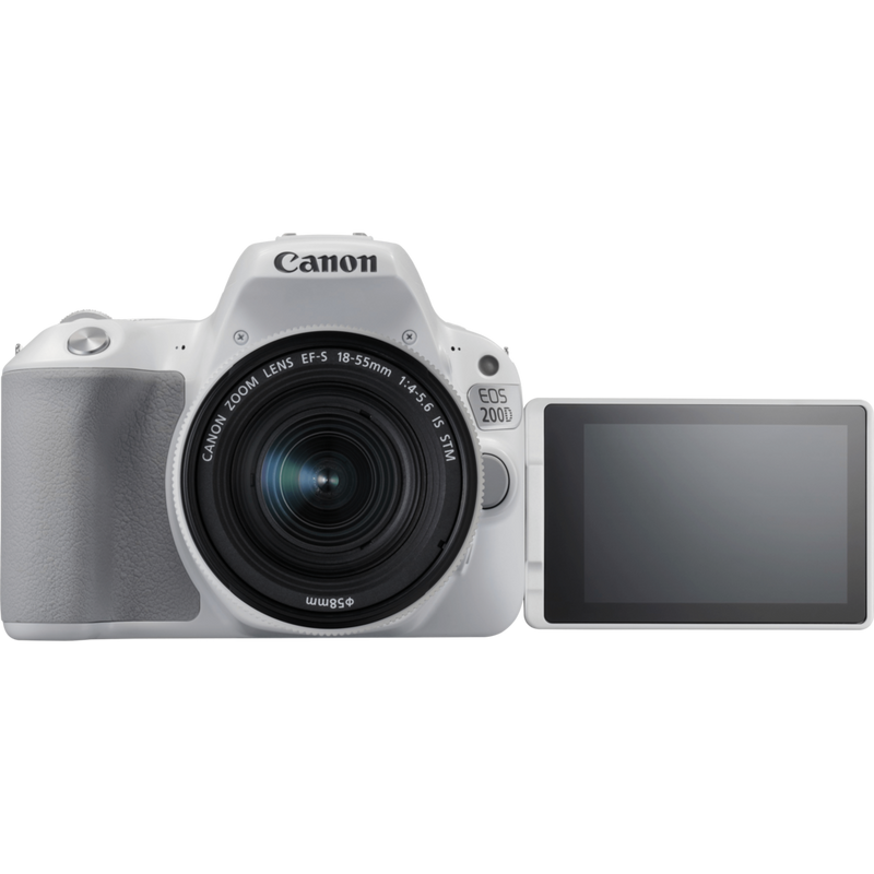 Canon EOS 200D Weiß + EF-S 18-55mm 1:4-5,6 IS STM Objektiv Silber Produkt Vorderansicht mit ausgeklapptem Bildschirm