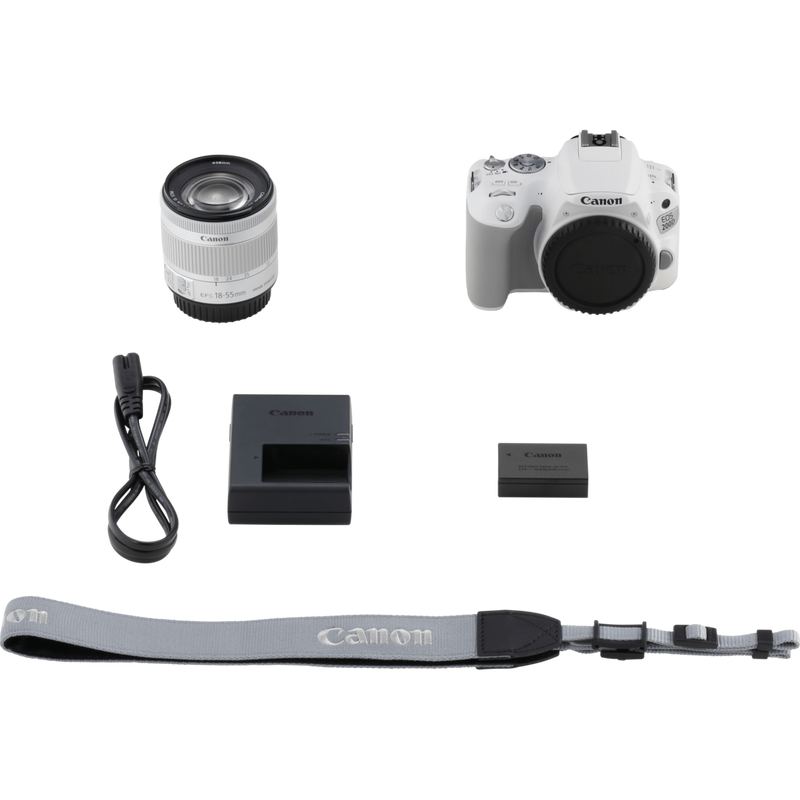 Canon EOS 200D Weiß + EF-S 18-55mm 1:4-5,6 IS STM Objektiv Silber Produkt Lieferumfang
