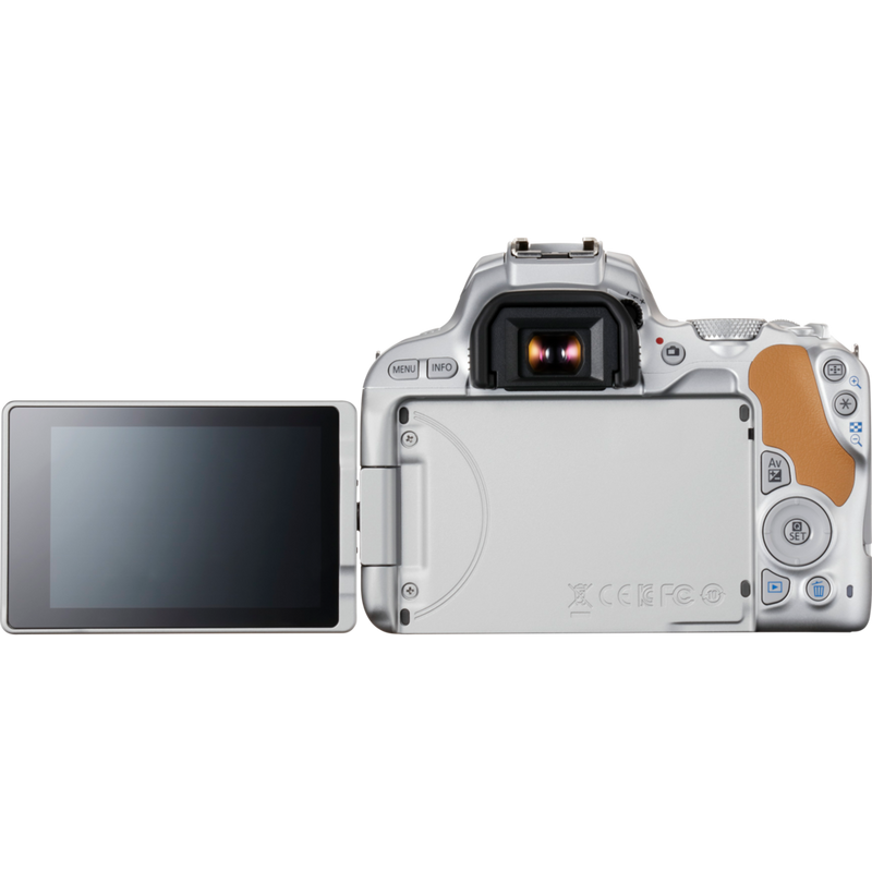 Canon EOS 200D Silber + EF-S 18-55mm 1:4-5,6 IS STM Objektiv Silber Produkt Rückansicht mit ausgeklapptem Bildschirm