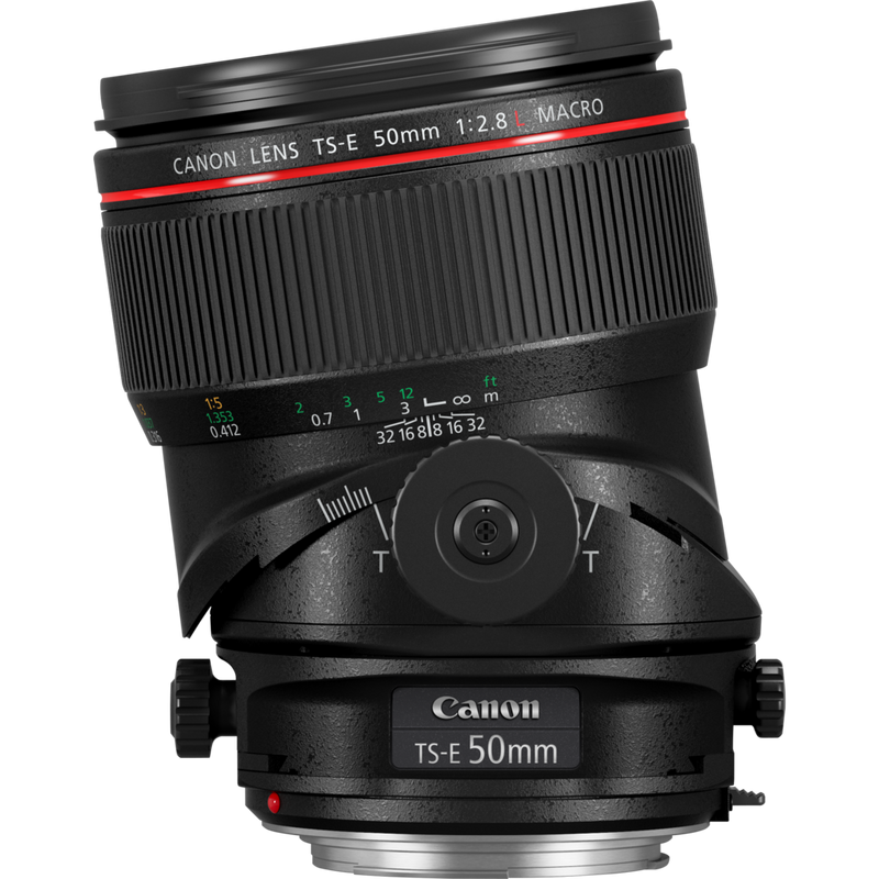 Canon TS-E 50mm f/2.8L Macro Objektiv Produkt Vorderansicht, die nach links geneigt ist