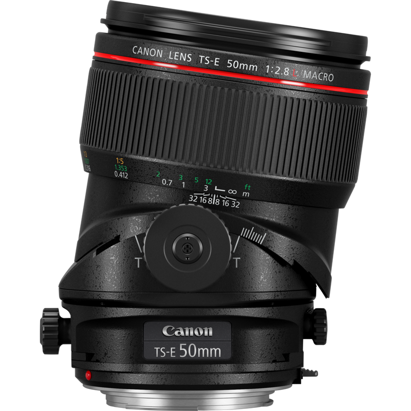 Canon TS-E 50mm f/2.8L Macro Objektiv Produkt Vorderansicht, die nach rechts geneigt ist