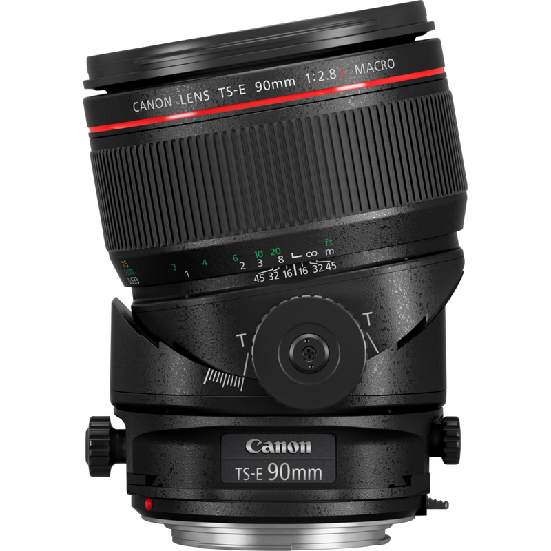 Canon TS-E 90mm f/2.8L Macro Objektiv Produkt Vorderansicht, die nach links geneigt ist