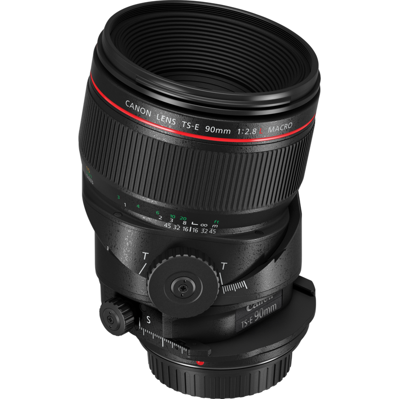 Canon TS-E 90mm f/2.8L Macro Objektiv Produkt Vorderansicht, die nach rechts geneigt ist