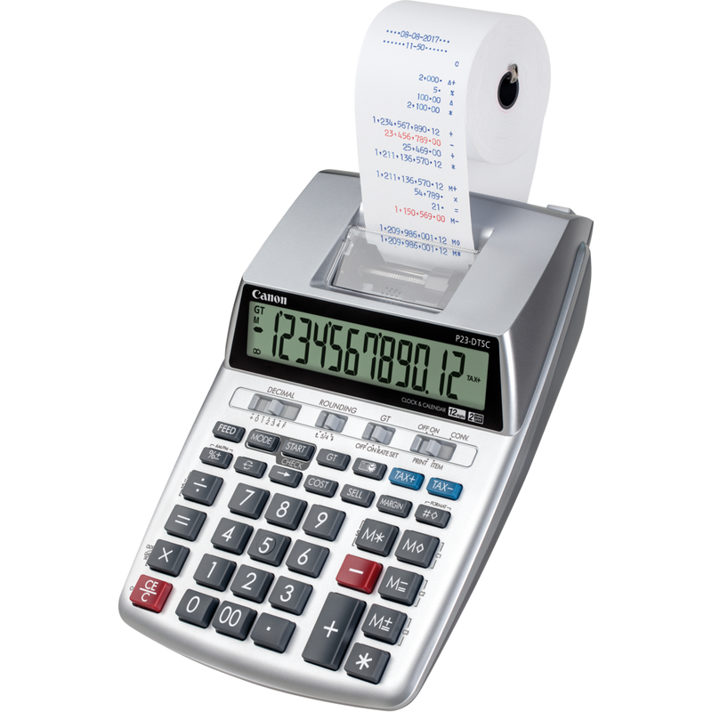 Canon P23-DTSC II Druckender Rechner Produkt Vorderansicht von rechts mit Papierausdruck