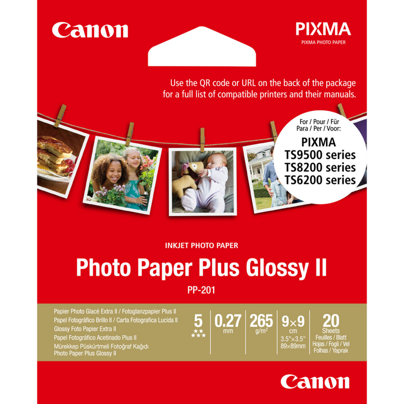 Canon PP-201 Glossy II Photo Paper Plus (8,9 x 8,9 cm/3,5 x 3,5”) – 20 Blatt Produkt Vorderansicht