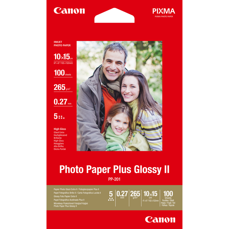 Canon PP-201 Glossy II Fotopapier Plus 4x6" – 100 Blatt Produkt Vorderansicht