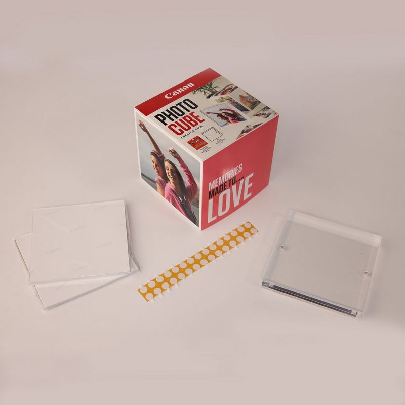 Canon Photo Cube and Frame + PP-201 5x5” Photo Paper Plus Glossy II (40 sheets) - Creative Pack, Pink Product Front view with kit components