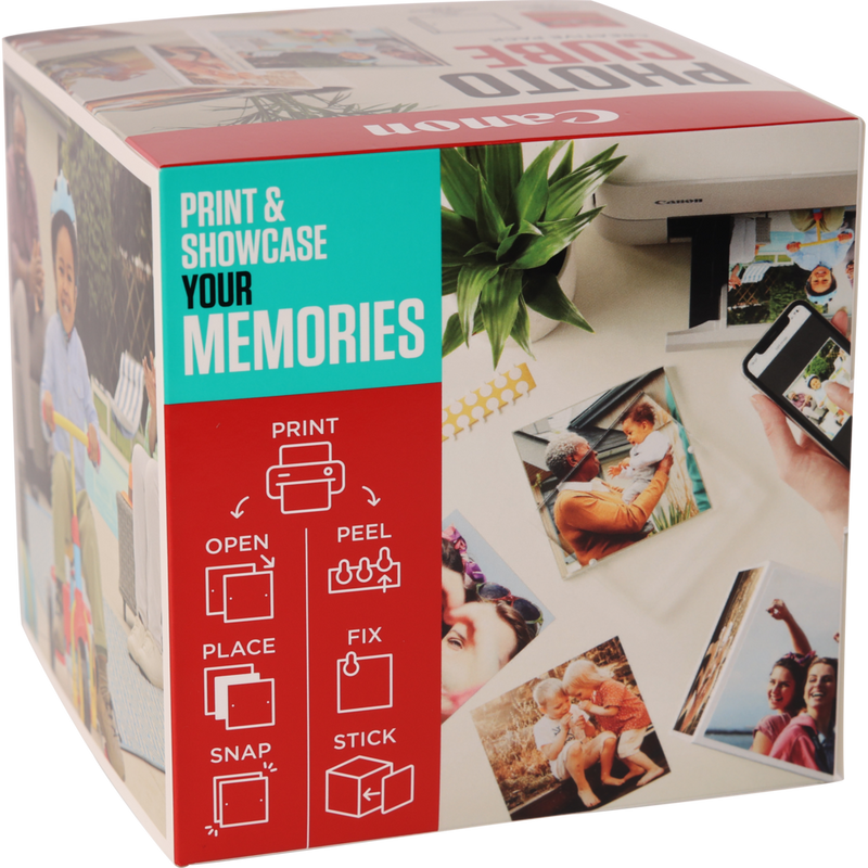 Canon Photo Cube and Frame + PP-201 5x5” Photo Paper Plus Glossy II (40 sheets) - Creative Pack, Blue Product Front view with operation instructions