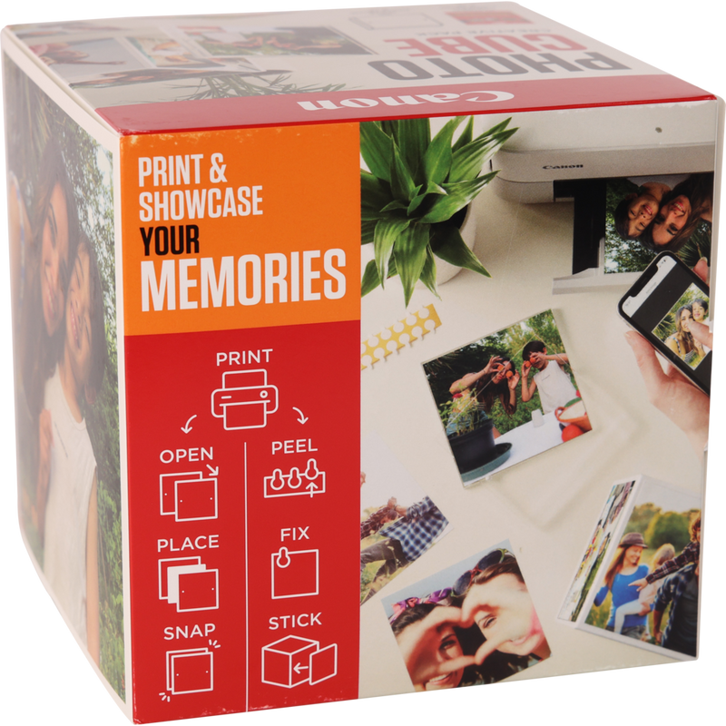 Canon Photo Cube and Frame + PP-201 5x5” Photo Paper Plus Glossy II (40 sheets) - Creative Pack, Orange Product Front angled view with operational instructions