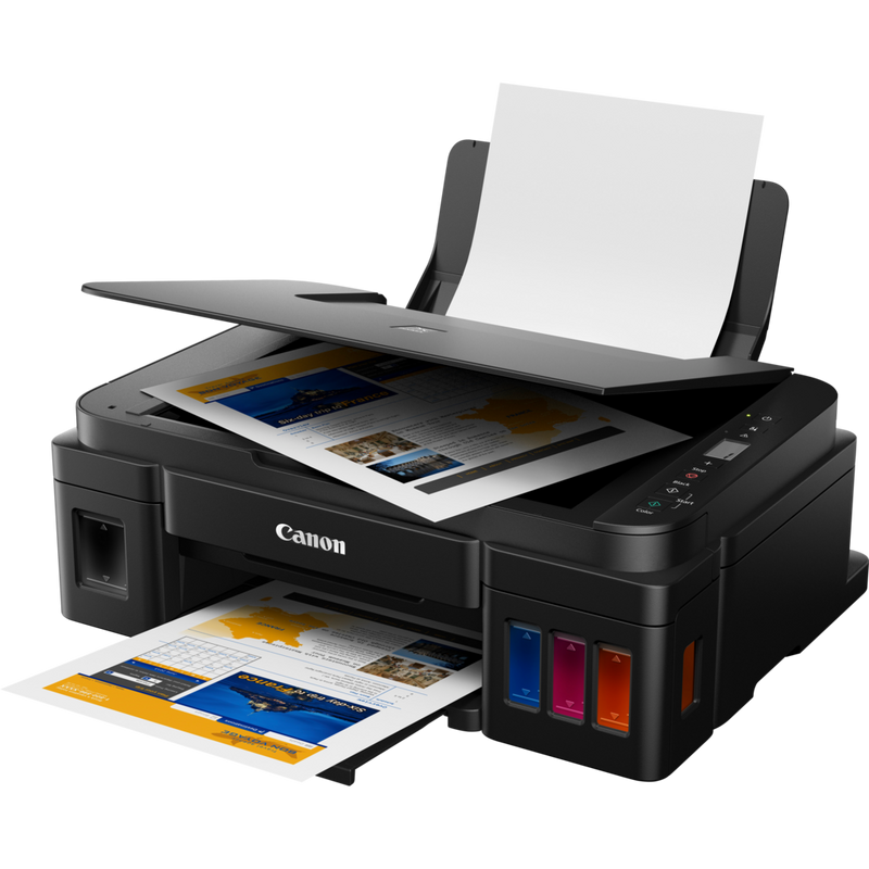Canon PIXMA G2510 Drucker Produkt Schrägansicht von vorne mit ausgeklapptem Papierfach und Papierstütze