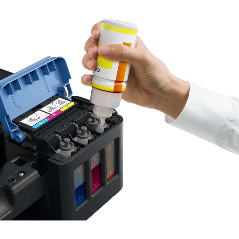 Canon PIXMA G2510 Drucker Produkt Vorderansicht mit einer Person, die den gelben Tintenbehälter auffüllt