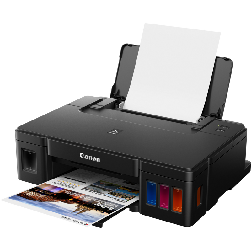 Canon PIXMA G1510 MegaTank Drucker mit nachfüllbaren Tintenbehältern Produkt Schrägansicht von vorne mit ausgeklapptem Papierfach und Papierstütze
