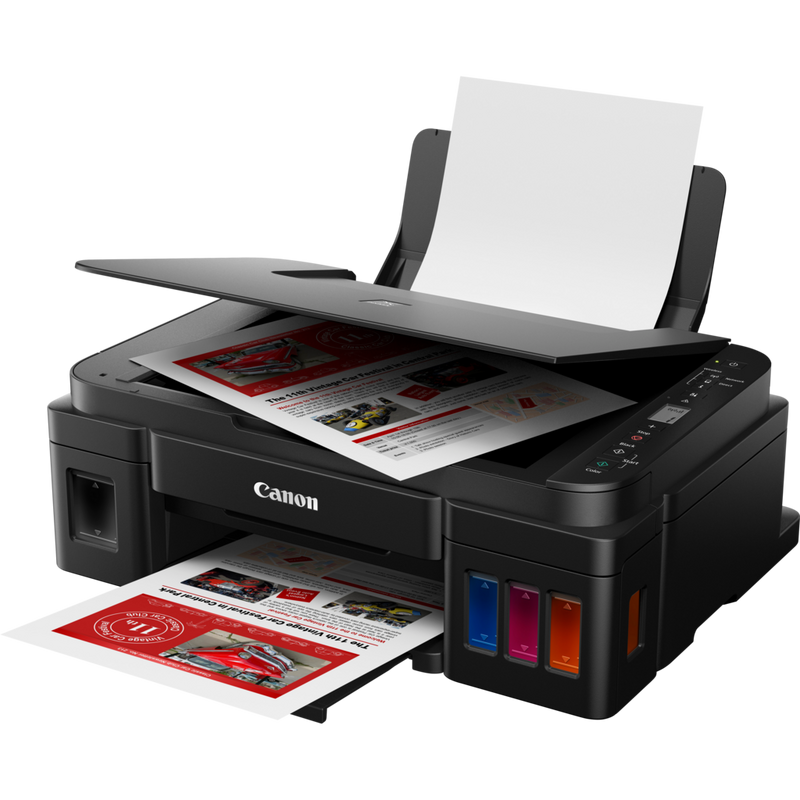 Canon PIXMA G3510 Drucker Produkt Schrägansicht von vorne mit ausgeklapptem Papierfach und Papierstütze