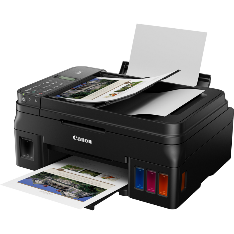 Canon PIXMA G4511 drahtloser All-in-One MegaTank Farbdrucker mit nachfüllbaren Tintenbehältern + zusätzliche schwarze Tinte Produkt Schrägansicht von vorne mit ausgeklapptem Papierfach und Papierstütze