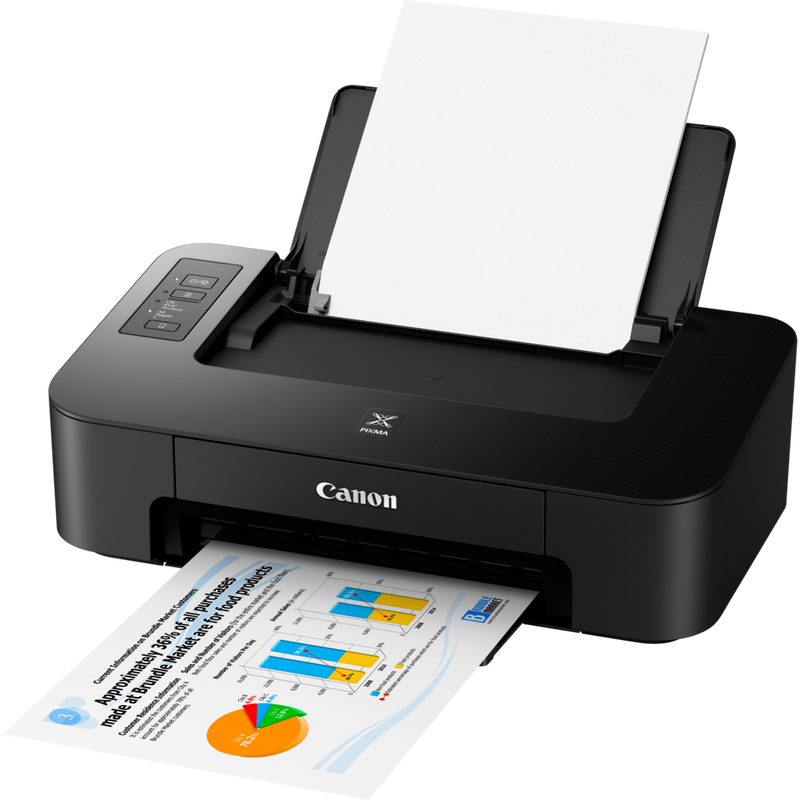 Canon PIXMA TS205 Drucker Produkt Schrägansicht von vorne mit ausgeklapptem Papierfach und Papierstütze