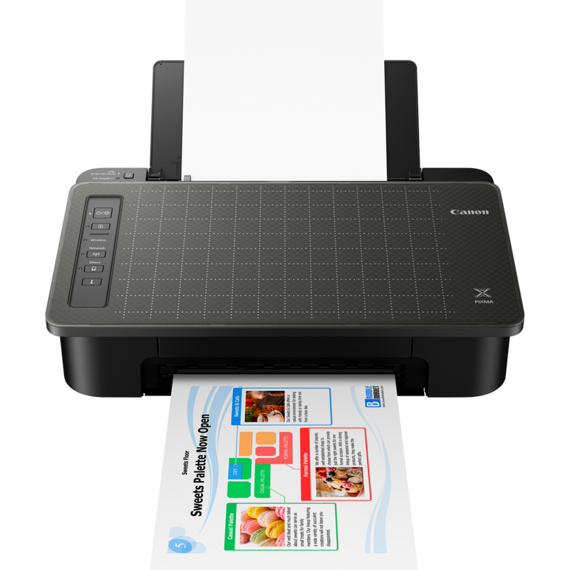 Canon PIXMA TS305 Drucker Produkt Vorderansicht mit ausgeklapptem Papierfach und Papierstütze