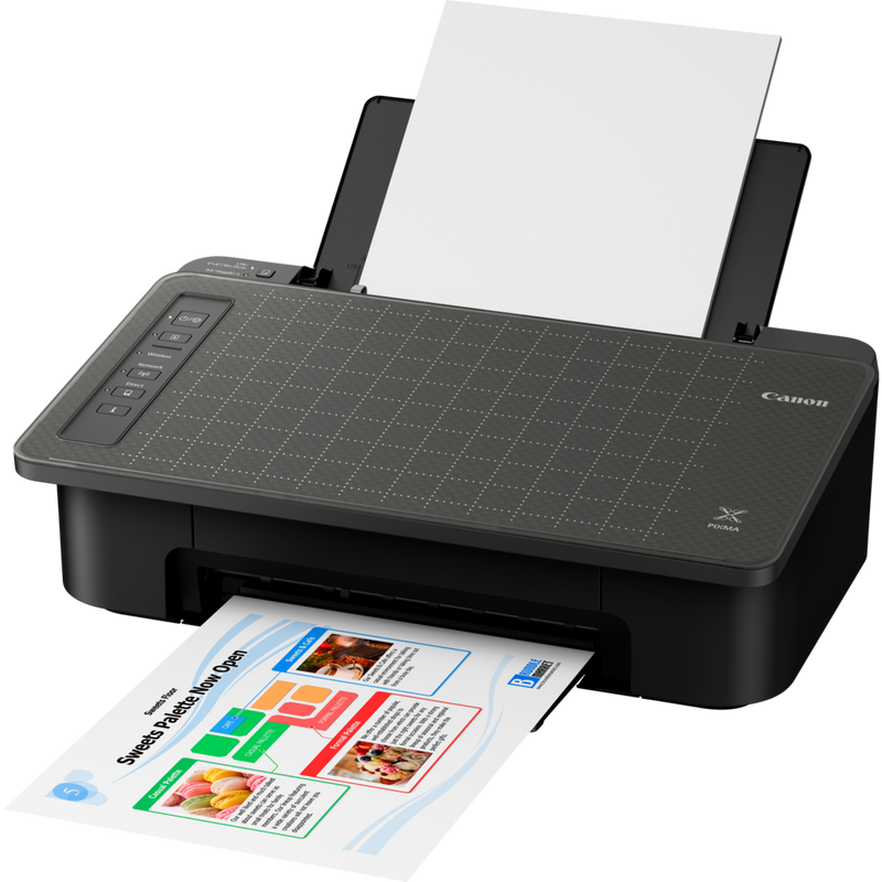 Canon PIXMA TS305 Drucker Produkt Schrägansicht von vorne mit ausgeklapptem Papierfach und Papierstütze