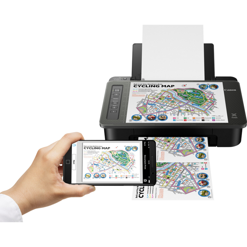 Canon PIXMA TS305 Drucker Produkt Vorderansicht mit ausgeklapptem Papierfach und Papierstütze und einem Bild des Ausdrucks auf einem Smartphone