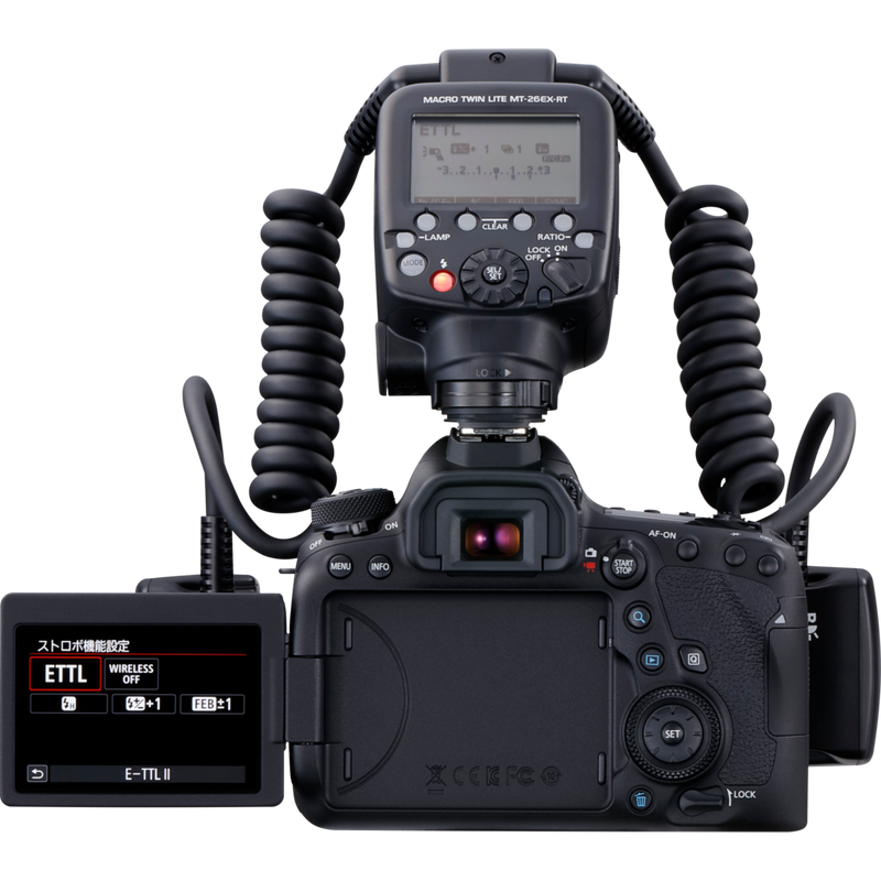 Canon Macro MT-26EX-RT Twin Lite Blitzgerät Produkt Rückansicht auf einer Kamera