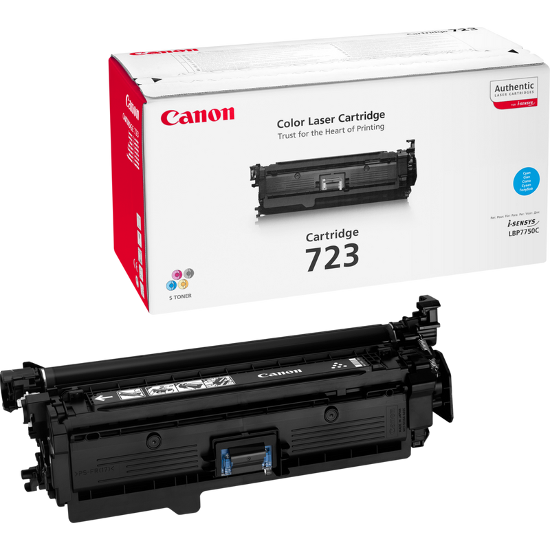 Canon 723C Toner-Cartridge Cyan Produkt Verpackung und Patrone