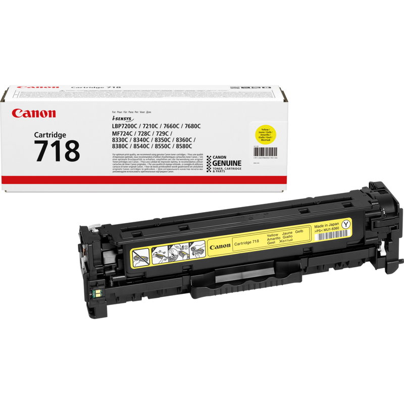 Canon 718Y Toner-Cartridge Gelb Produkt Verpackung und Patrone