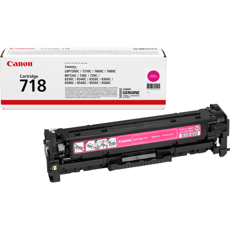 Canon 718M Toner-Cartridge Magenta Produkt Verpackung und Patrone
