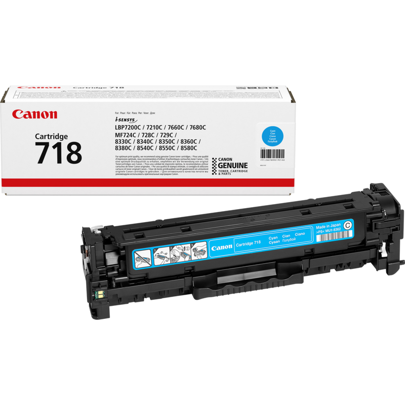 Canon 718C Toner-Cartridge Cyan Produkt Verpackung und Patrone