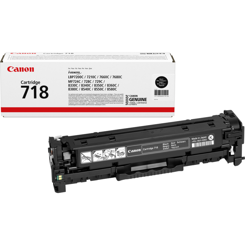 Canon 718BK Toner-Cartridge Schwarz Produkt Verpackung und Patrone