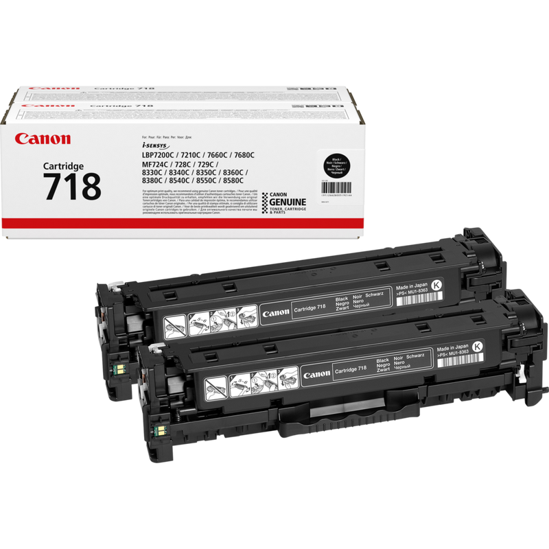 Canon 718VP Toner-Cartridge Schwarz (Value Pack mit zwei Cartridges) Produkt Verpackung und zwei Patronen
