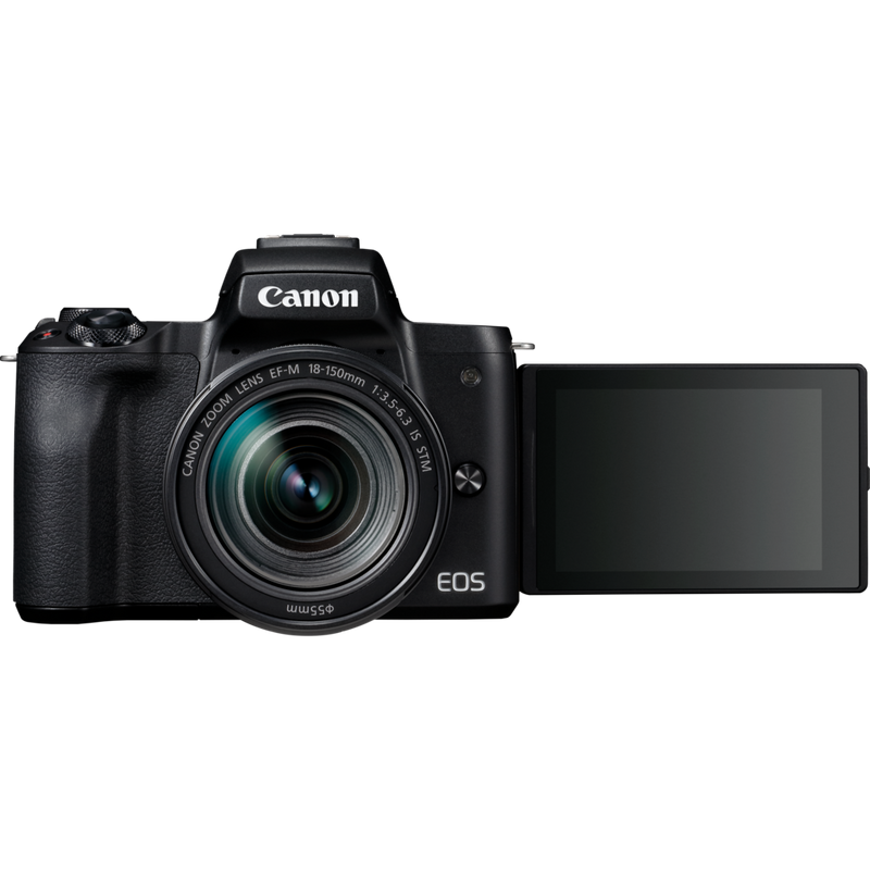 Canon EOS M50 Gehäuse + EF-M 18-150mm IS STM – Schwarz Produkt Vorderansicht mit erweitertem dreh- und schwenkbaren Display