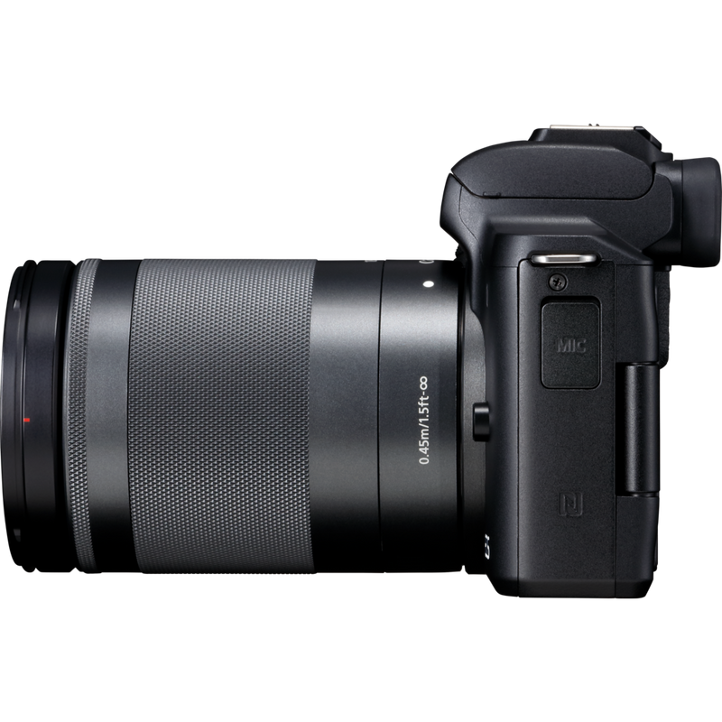 Canon EOS M50 Gehäuse + EF-M 18-150mm IS STM – Schwarz Produkt Ansicht von links