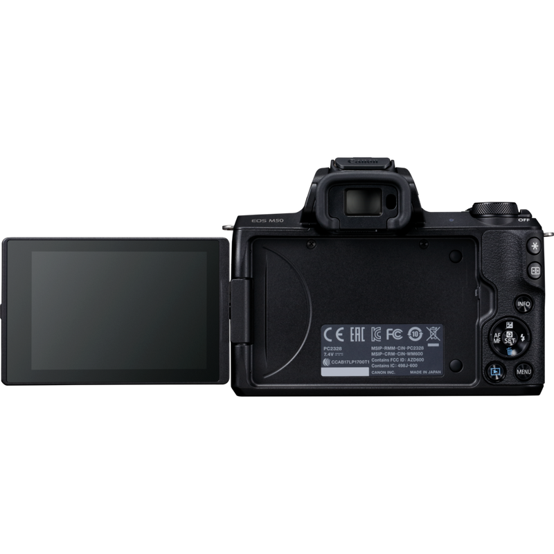Canon EOS M50 Gehäuse, Schwarz + EF-M 15-45mm IS STM Objektiv + Rucksack + SD-Karte + Ersatzakku Produkt Rückansicht mit dem erweiterten dreh- und schwenkbaren Display