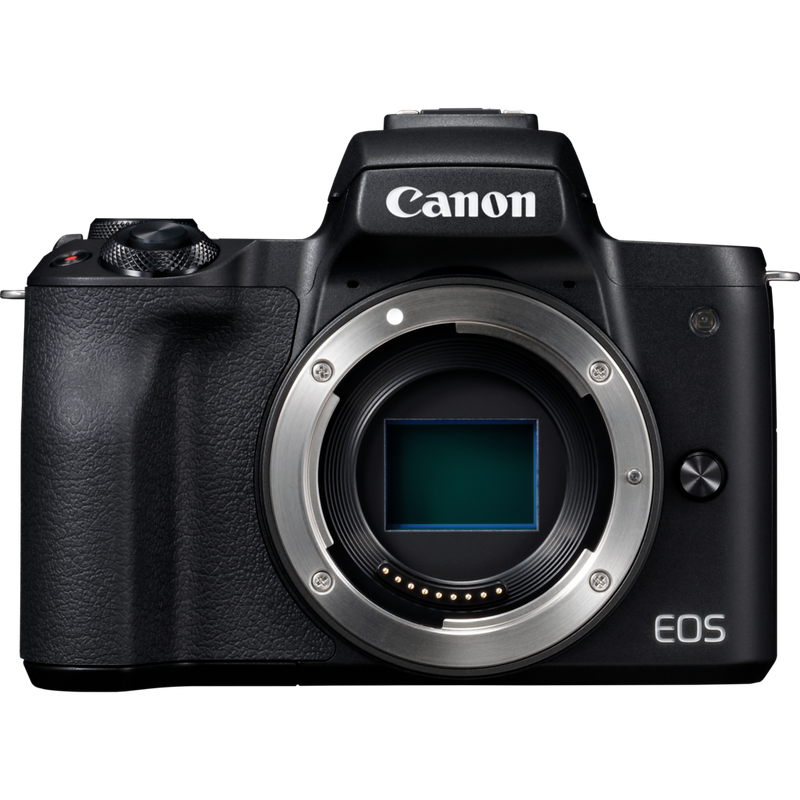 Canon EOS M50 Gehäuse, Schwarz + EF-M 15-45mm IS STM Objektiv + Rucksack + SD-Karte + Ersatzakku Produkt Vorderansicht