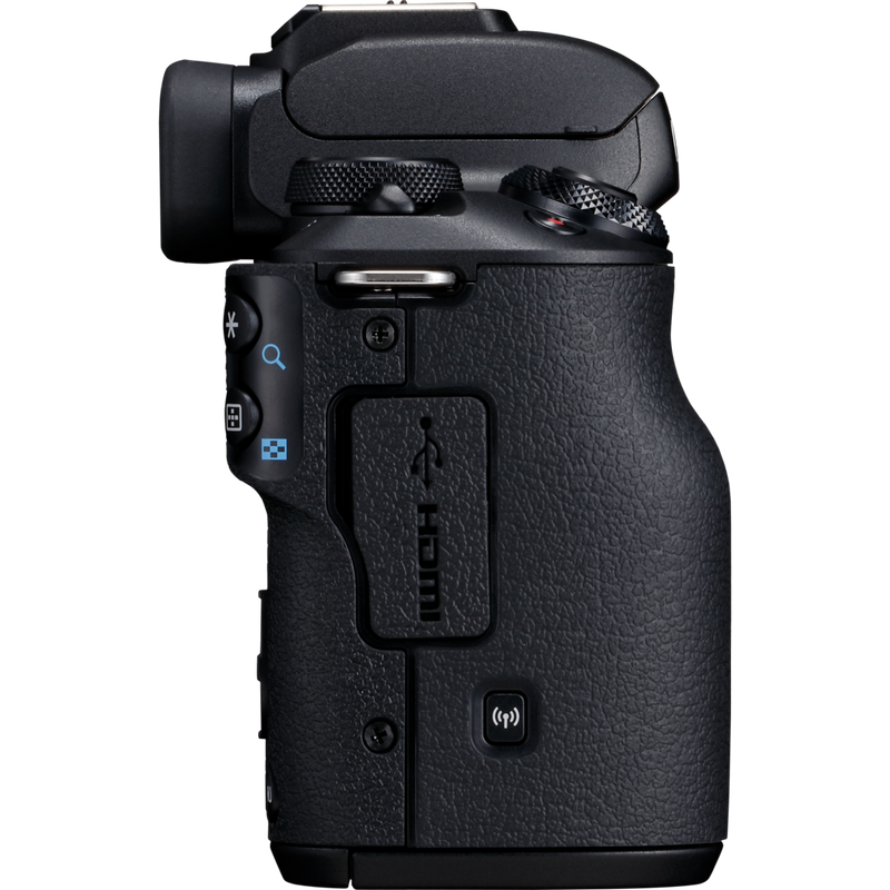 Canon EOS M50 Gehäuse, Schwarz + EF-M 15-45mm IS STM Objektiv + Rucksack + SD-Karte + Ersatzakku Produkt Ansicht von rechts