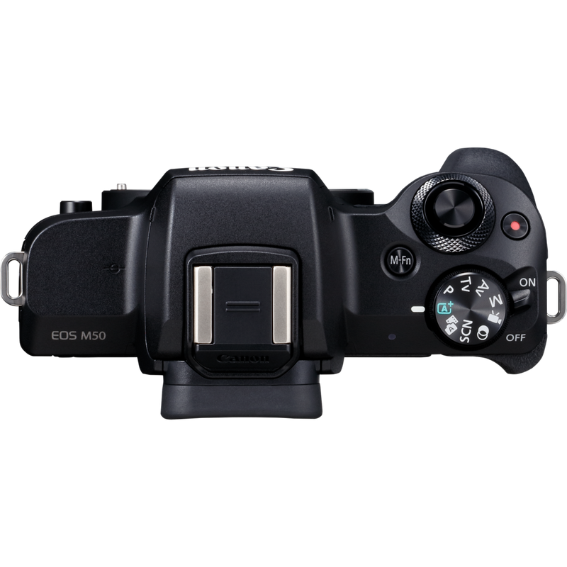 Canon EOS M50 Gehäuse, Schwarz + EF-M 15-45mm IS STM Objektiv + Rucksack + SD-Karte + Ersatzakku Produkt Ansicht von oben