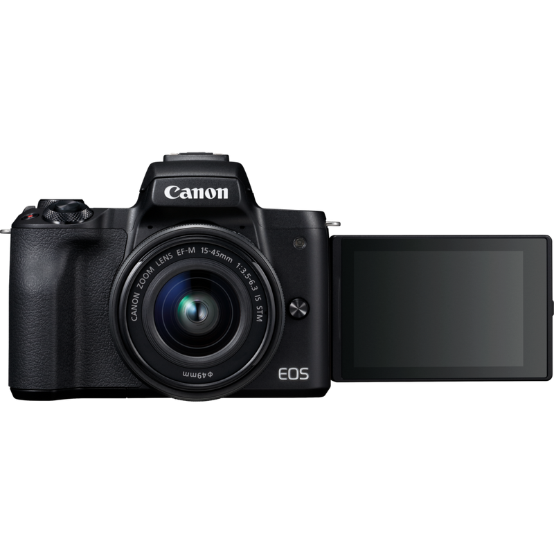 Canon EOS M50 Schwarz + EF-M 15-45mm IS STM Objektiv Schwarz Produkt Vorderansicht mit erweitertem dreh- und schwenkbaren Display