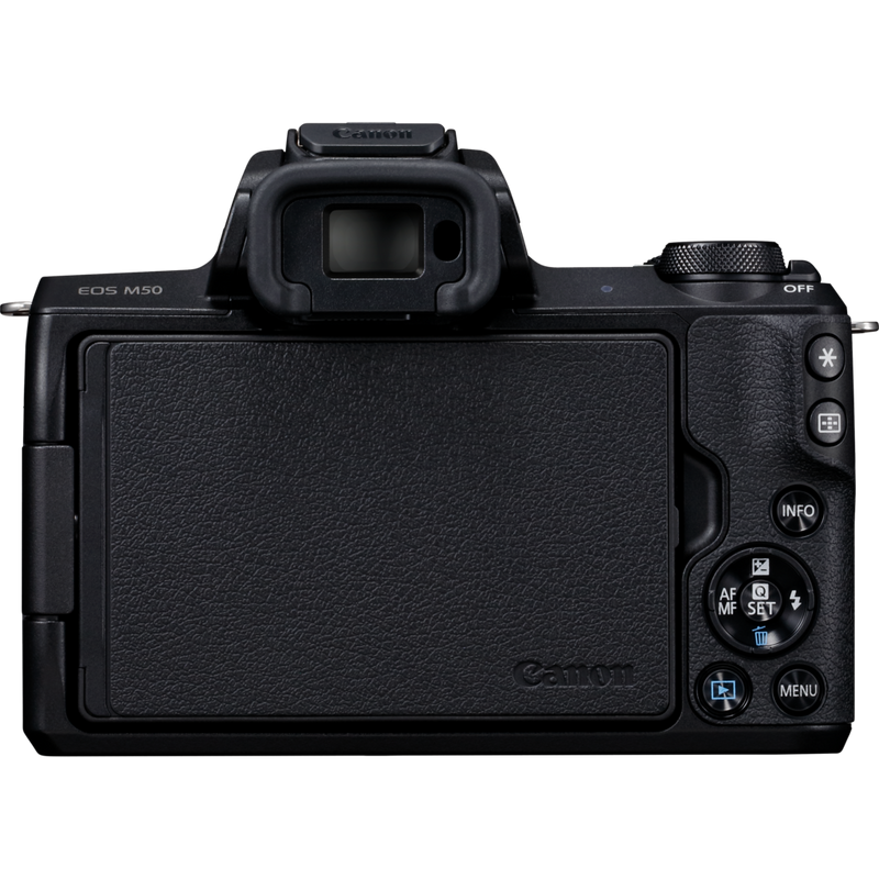 Canon EOS M50 Schwarz + EF-M 15-45mm IS STM Objektiv Schwarz Produkt Rückansicht