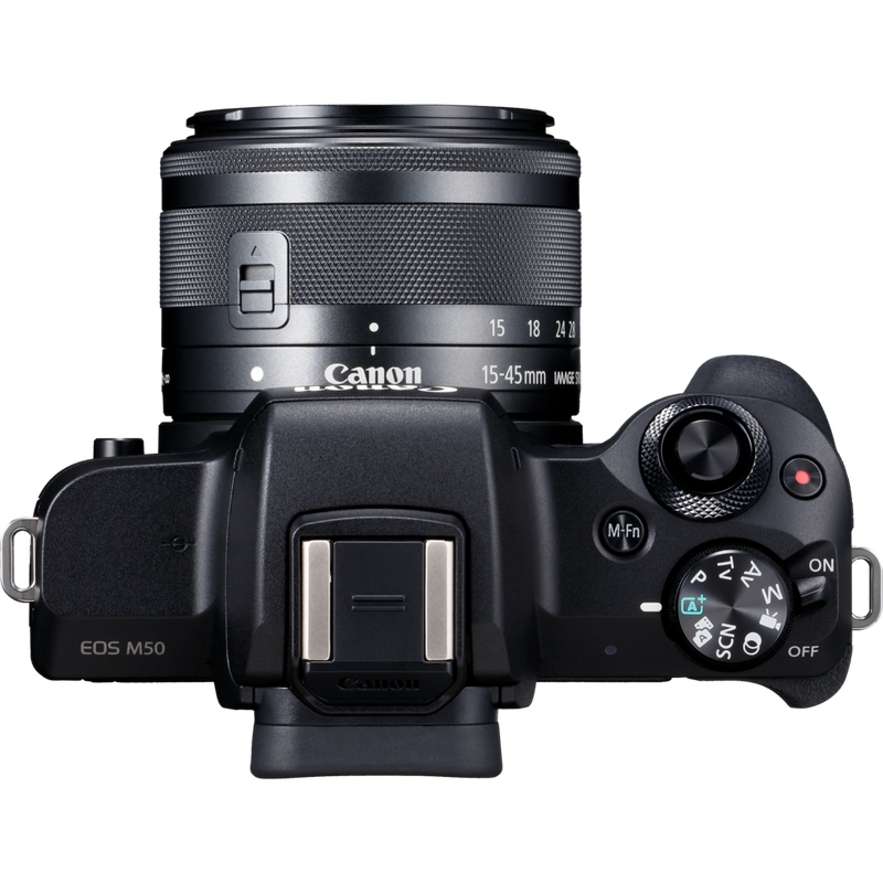 Canon EOS M50 Schwarz + EF-M 15-45mm IS STM Objektiv Schwarz Produkt Ansicht von oben