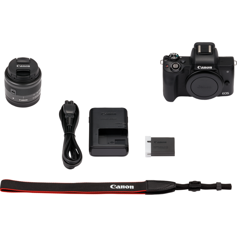 Canon EOS M50 Schwarz + EF-M 15-45mm IS STM Objektiv Schwarz Produkt Lieferumfang