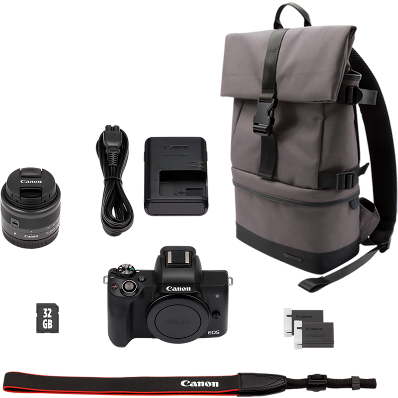 Canon EOS M50 Gehäuse, Schwarz + EF-M 15-45mm IS STM Objektiv + Rucksack + SD-Karte + Ersatzakku Produkt Lieferumfang