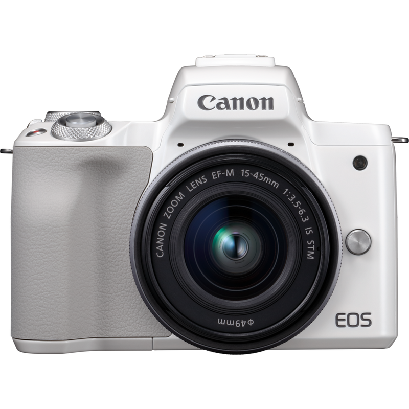 Canon EOS M50 Weiß + EF-M 15-45mm IS STM Objektiv Silber Produkt Vorderansicht