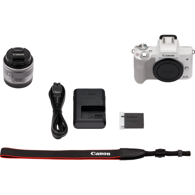 Canon EOS M50 Weiß + EF-M 15-45mm IS STM Objektiv Silber Produkt Lieferumfang