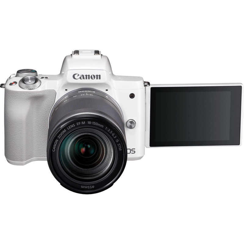Canon EOS M50 Weiß + EF-M 18-150mm IS STM – Silber Produkt Vorderansicht mit erweitertem dreh- und schwenkbaren Display