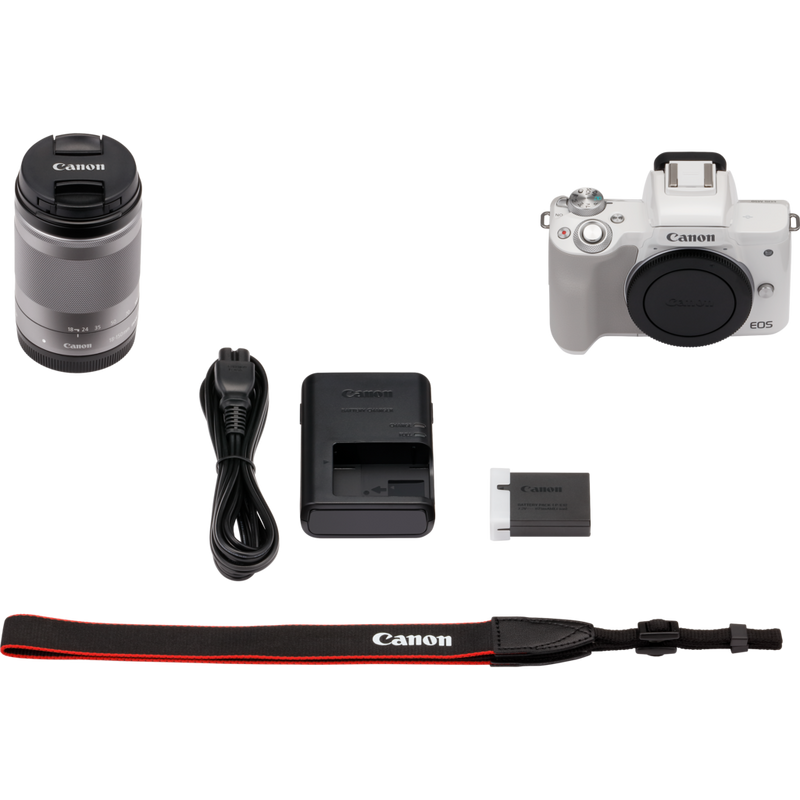 Canon EOS M50 Weiß + EF-M 18-150mm IS STM – Silber Produkt Lieferumfang