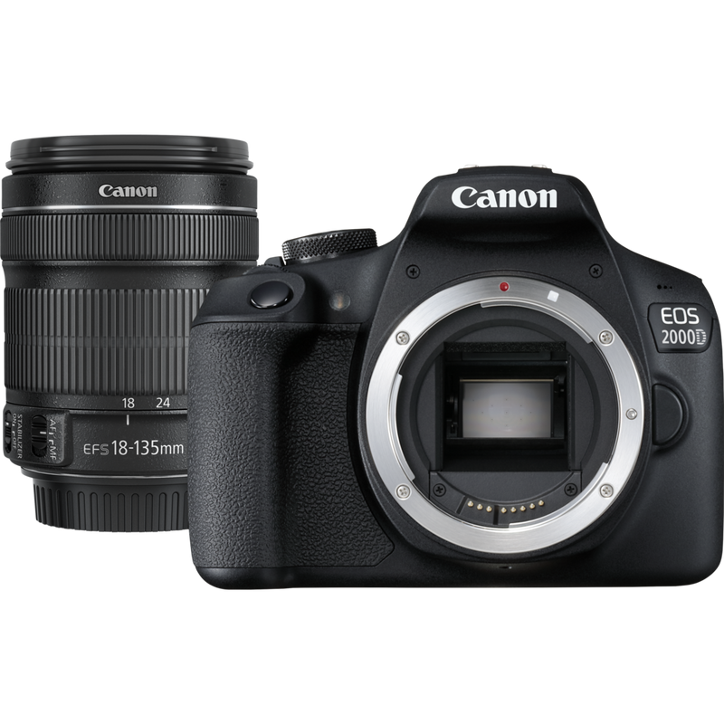 Canon EOS 2000D + EF-S 18-135mm Objektiv Produkt Vorderansicht mit Objektiv