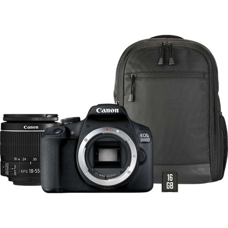 Canon EOS 2000D + EF-S 18-55mm IS II Objektiv + Rucksack + SD-Karte Produkt Ausrüstung