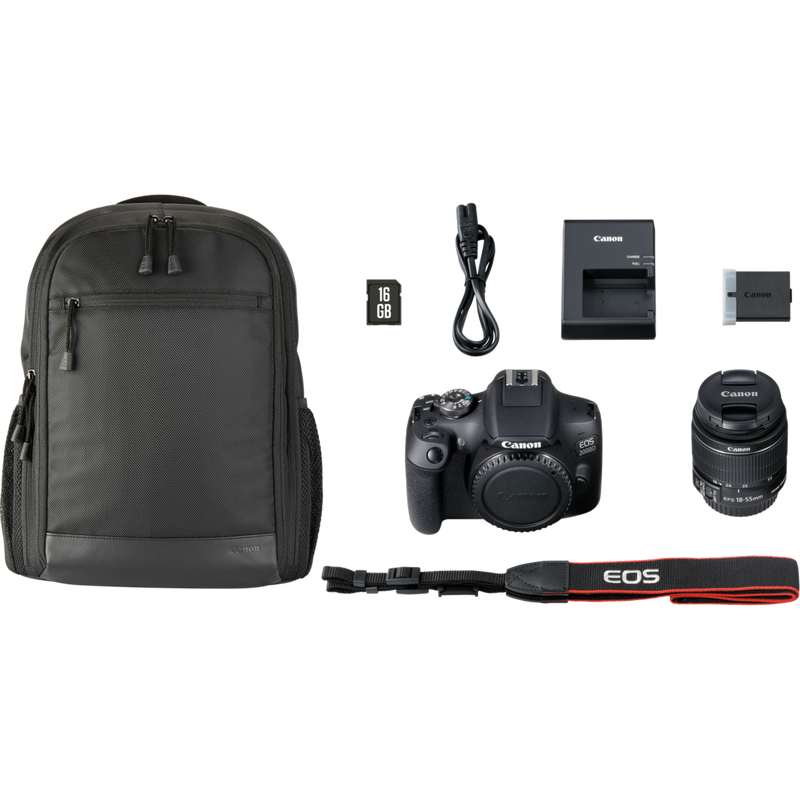 Canon EOS 2000D + EF-S 18-55mm IS II Objektiv + Rucksack + SD-Karte Produkt Lieferumfang