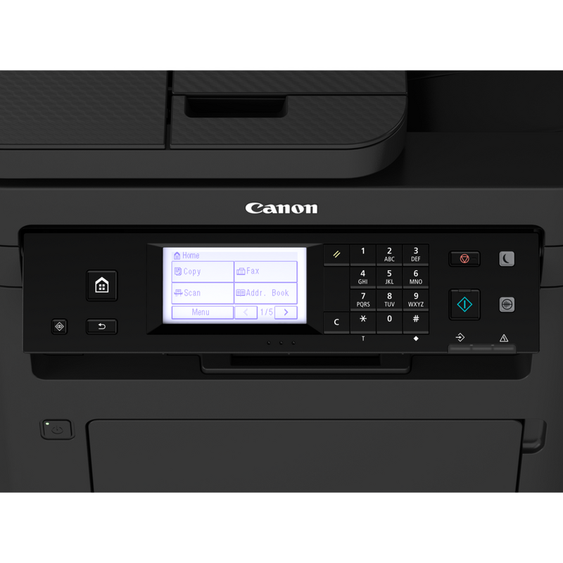 Canon i-SENSYS MF264dw 3-in-1 Schwarzweiß-Laserdrucker Produkt Nahaufnahme des LCD-Monitors und der Tasten
