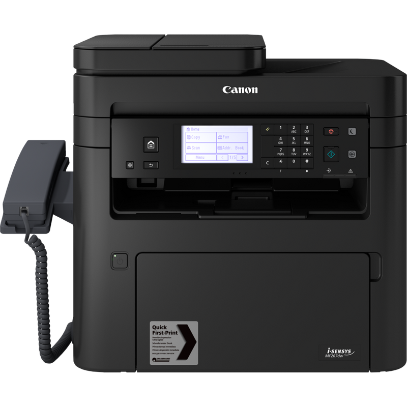 Canon i-SENSYS MF267dw Schwarzweiß-Laser-Multifunktionssystem Produkt Vorderansicht mit Telefon auf der linken Seite