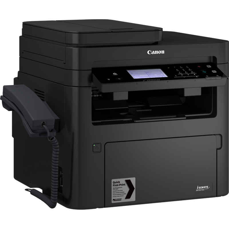 Canon i-SENSYS MF267dw Schwarzweiß-Laser-Multifunktionssystem Produkt Ansicht von links mit Telefon